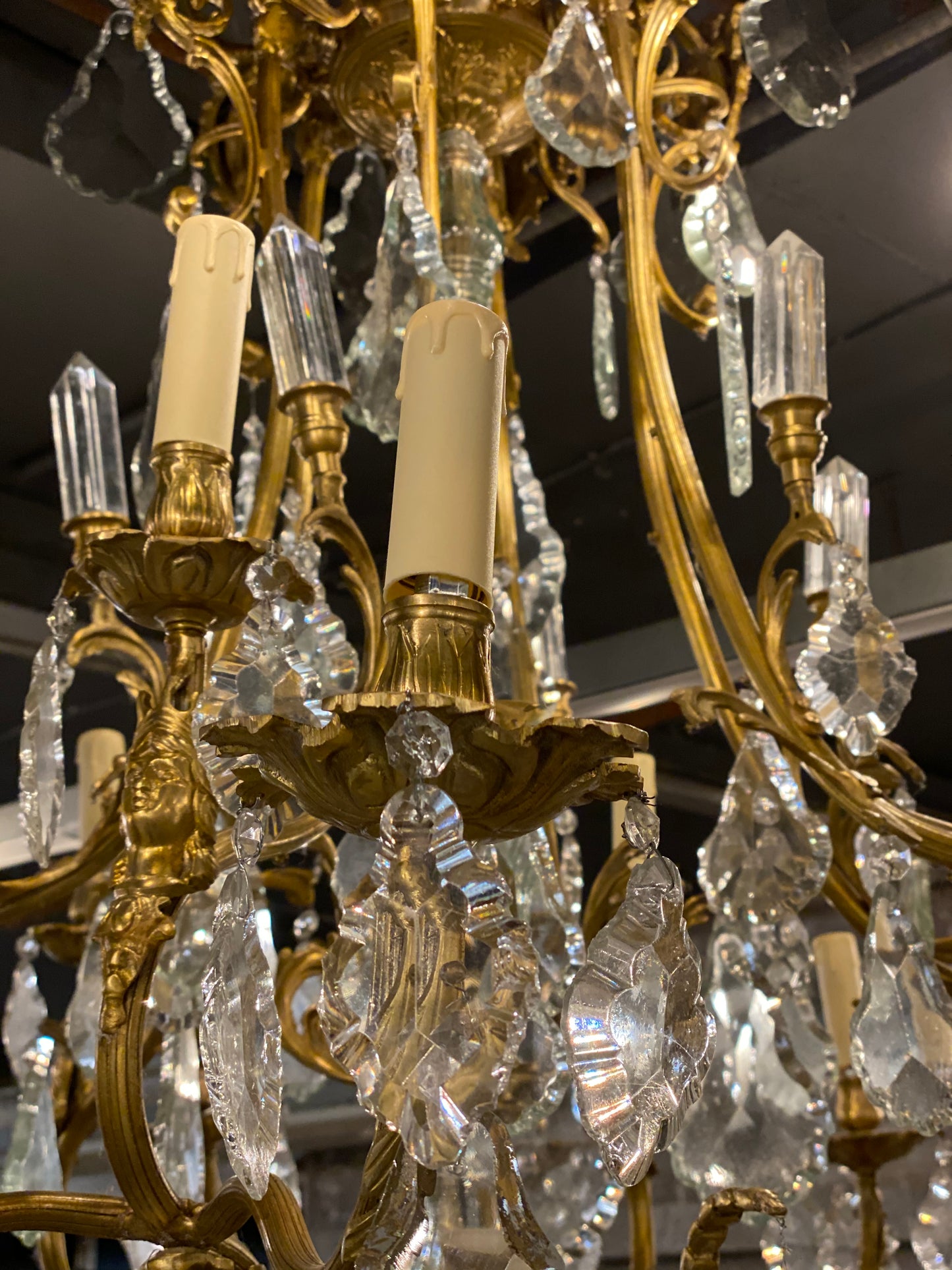 Fantastic pair of French bronze/crystal chandelier with lady head details