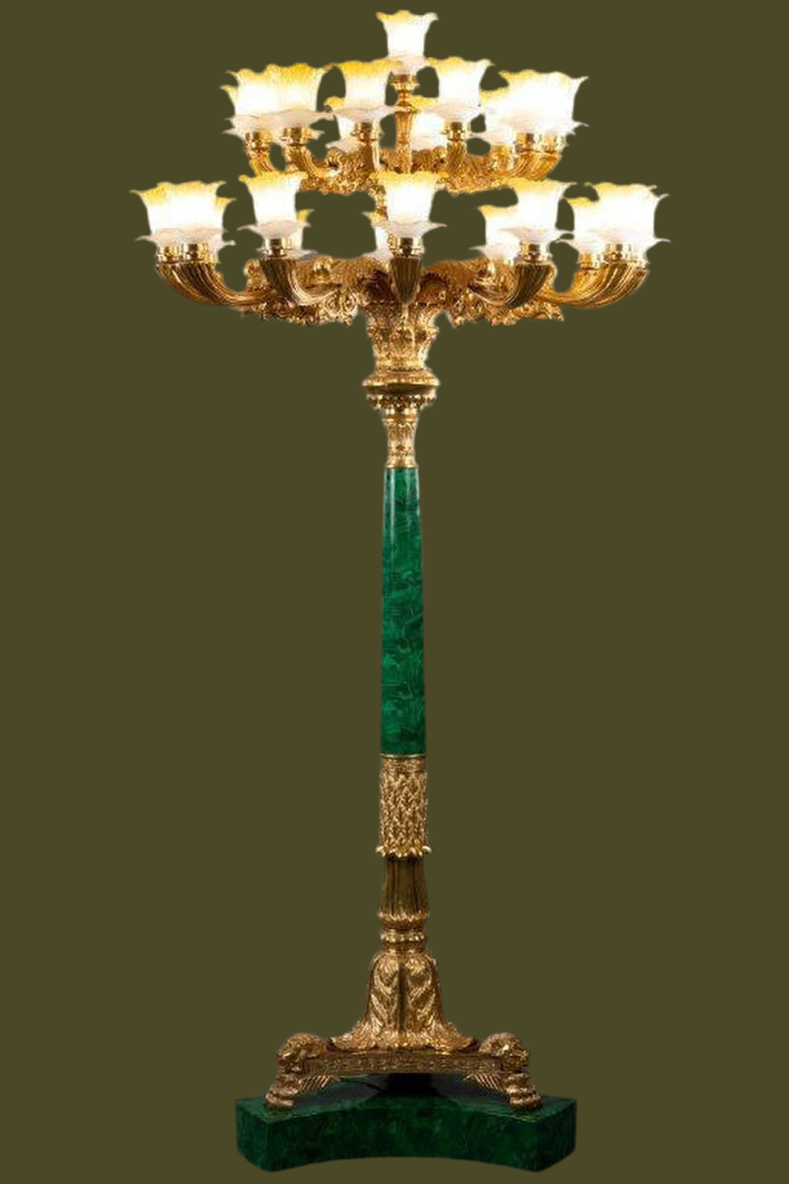 Pair of stunning, malachite and bronze, standing lamps 7ft tall