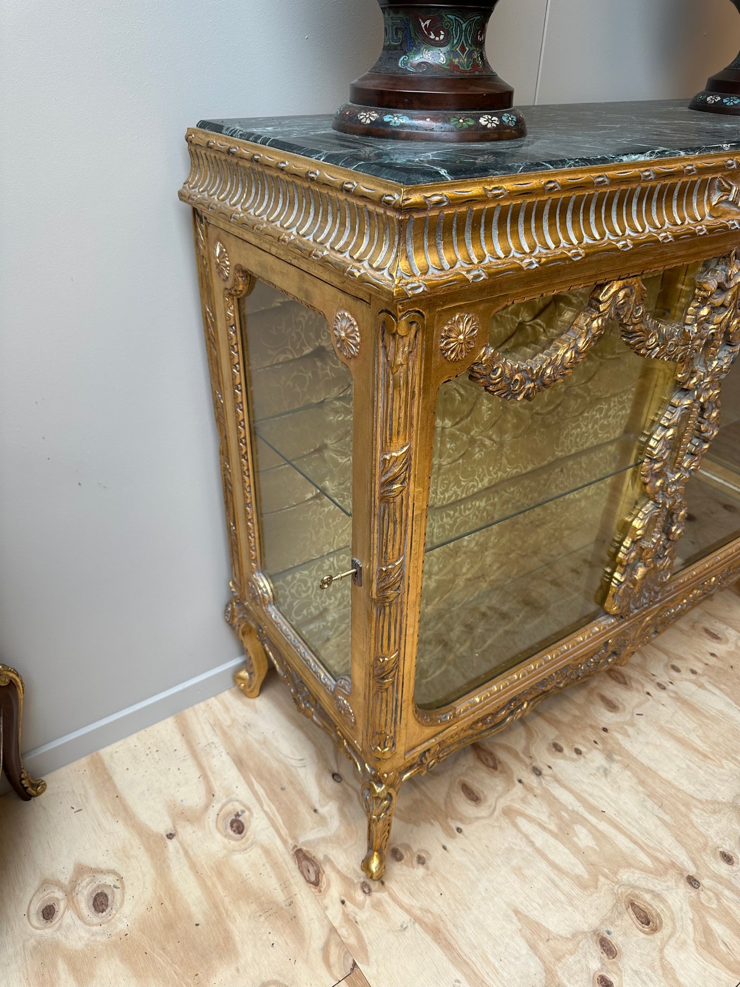 Stunning, gilt wood, marble top, glass cabinet/sideboard