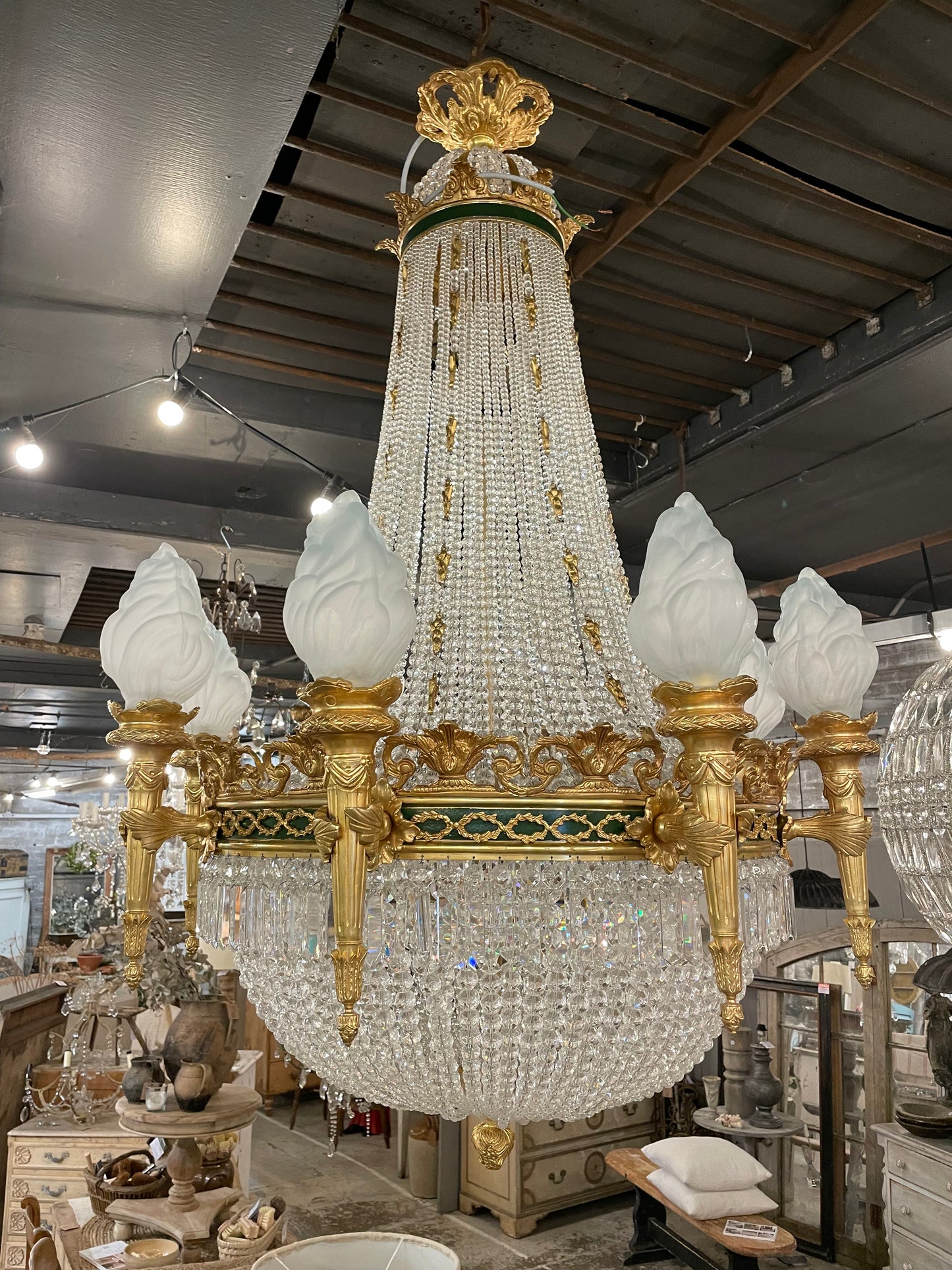 Stunning, French crystal empire chandelier with bronze detailing (pair available)