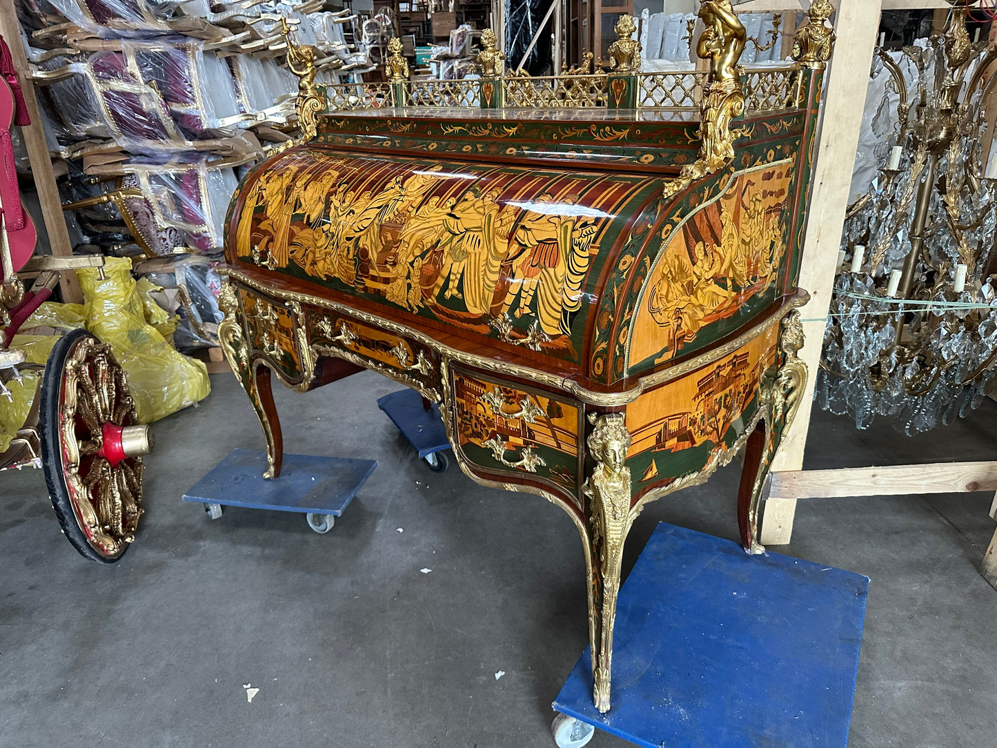 Beautiful, French inlaid bureau desk, with Roman scene