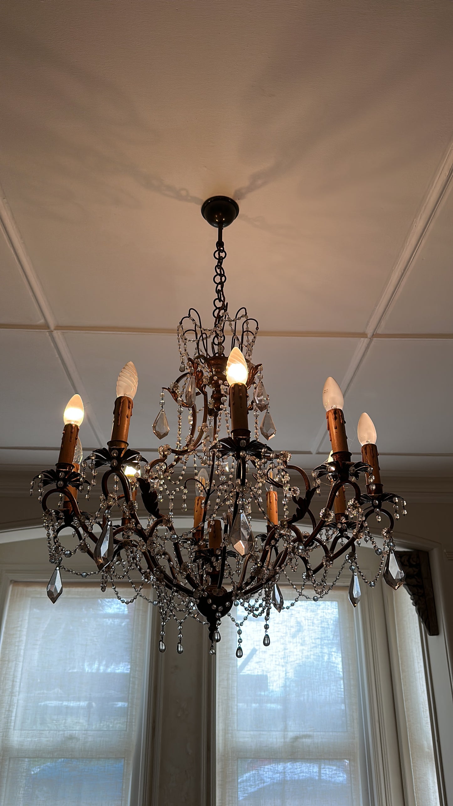 Fantastic Italian, gilt metal and crystal, 10 arm chandelier (pair available)