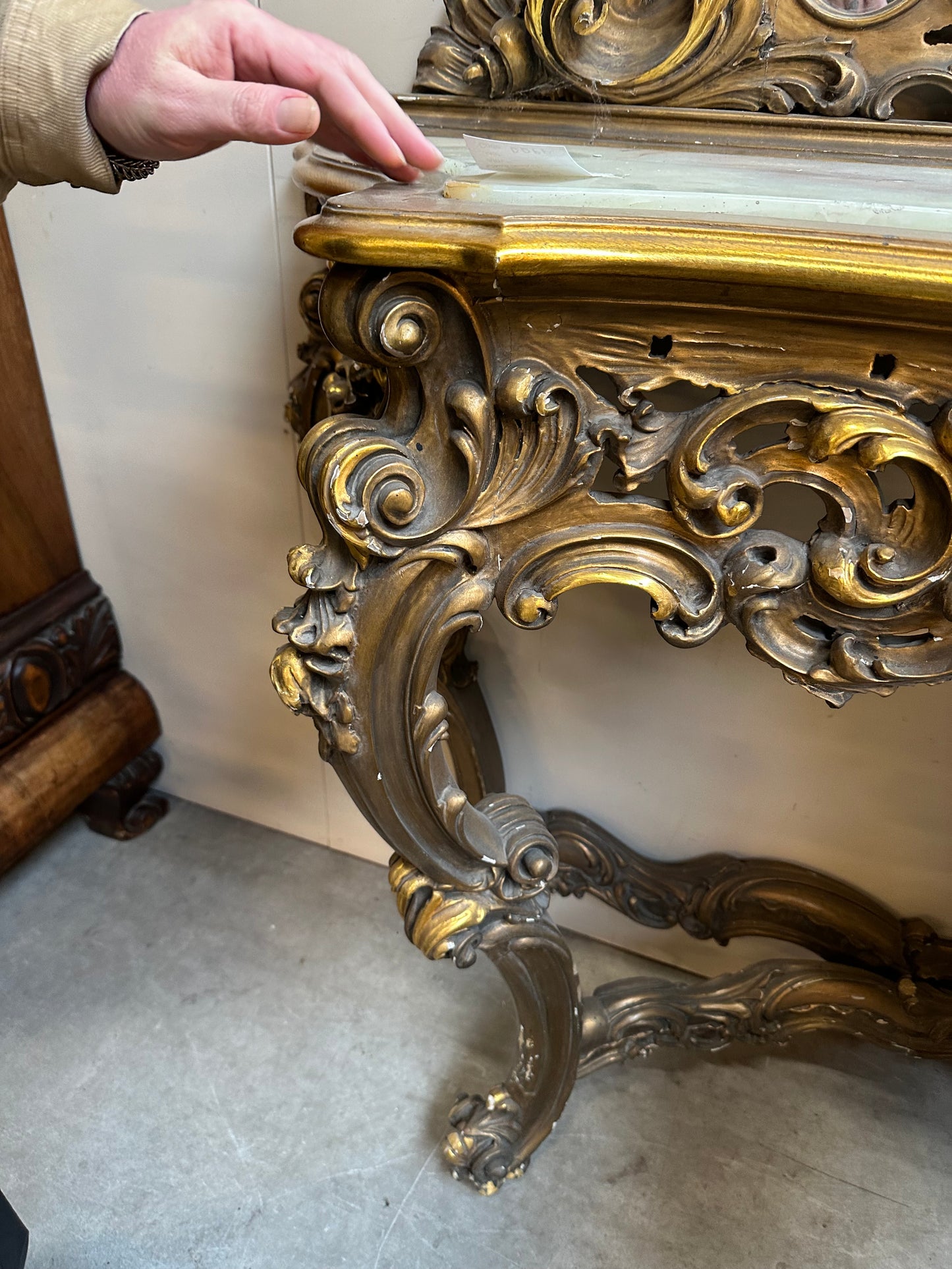 Huge, antique gilt wood, French console table and mirror, marble top