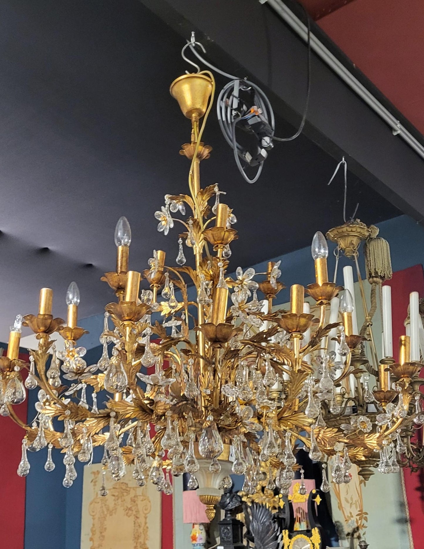 Stunning, Italian, 1930’s gilt metal, Murano crystal chandelier