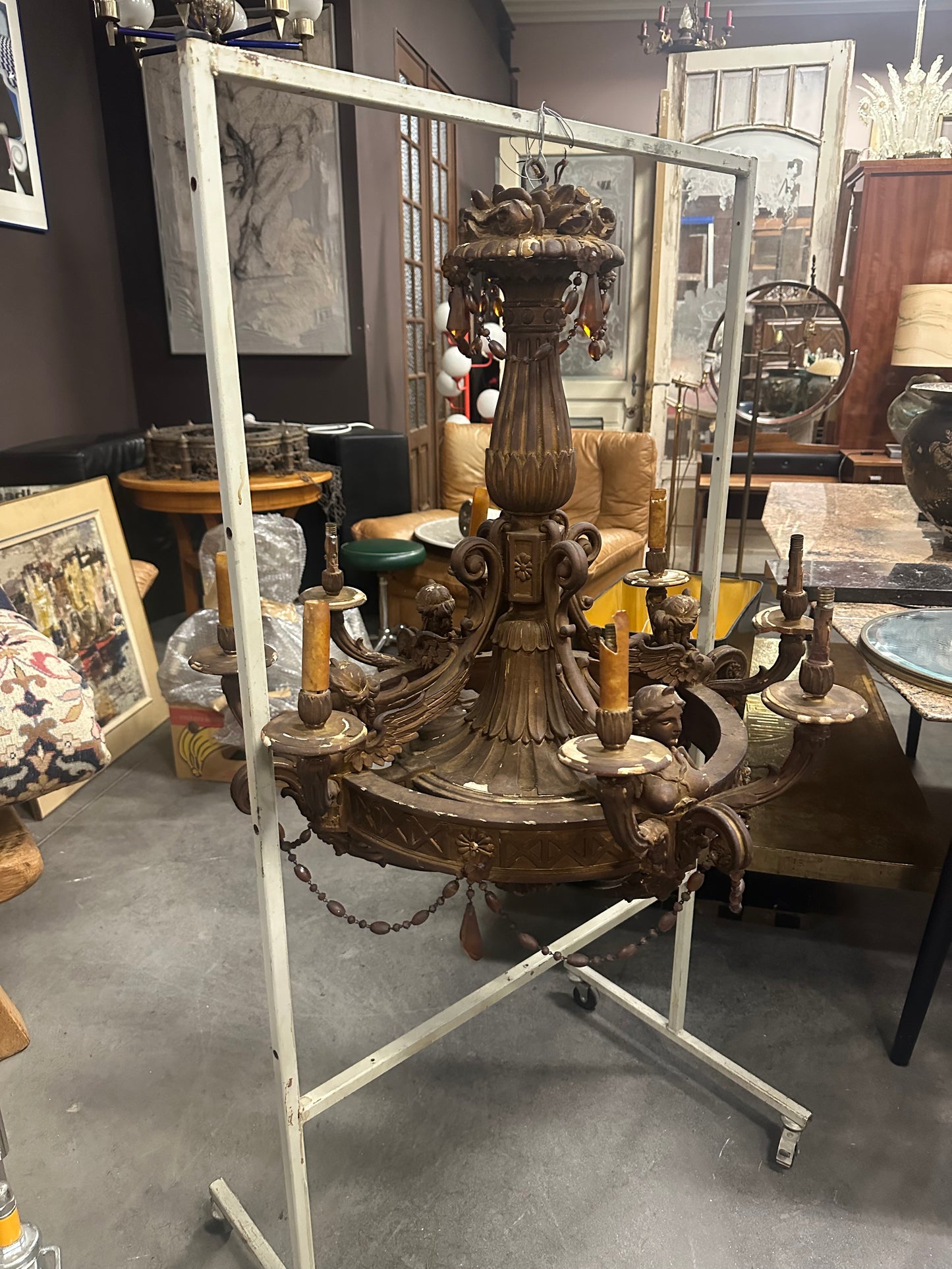 Stunning, Napoleon III, carved gilt wood chandelier with amber crystals