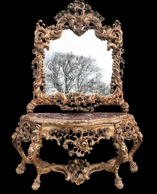 Huge, 2.4m tall, 1.85m wide, French antique carved wood, marble top console table and mirror