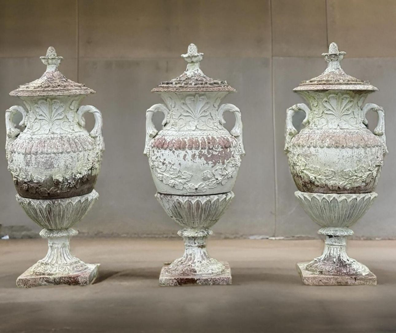 3x huge Swedish, mid 1800’s, terracotta painted urns