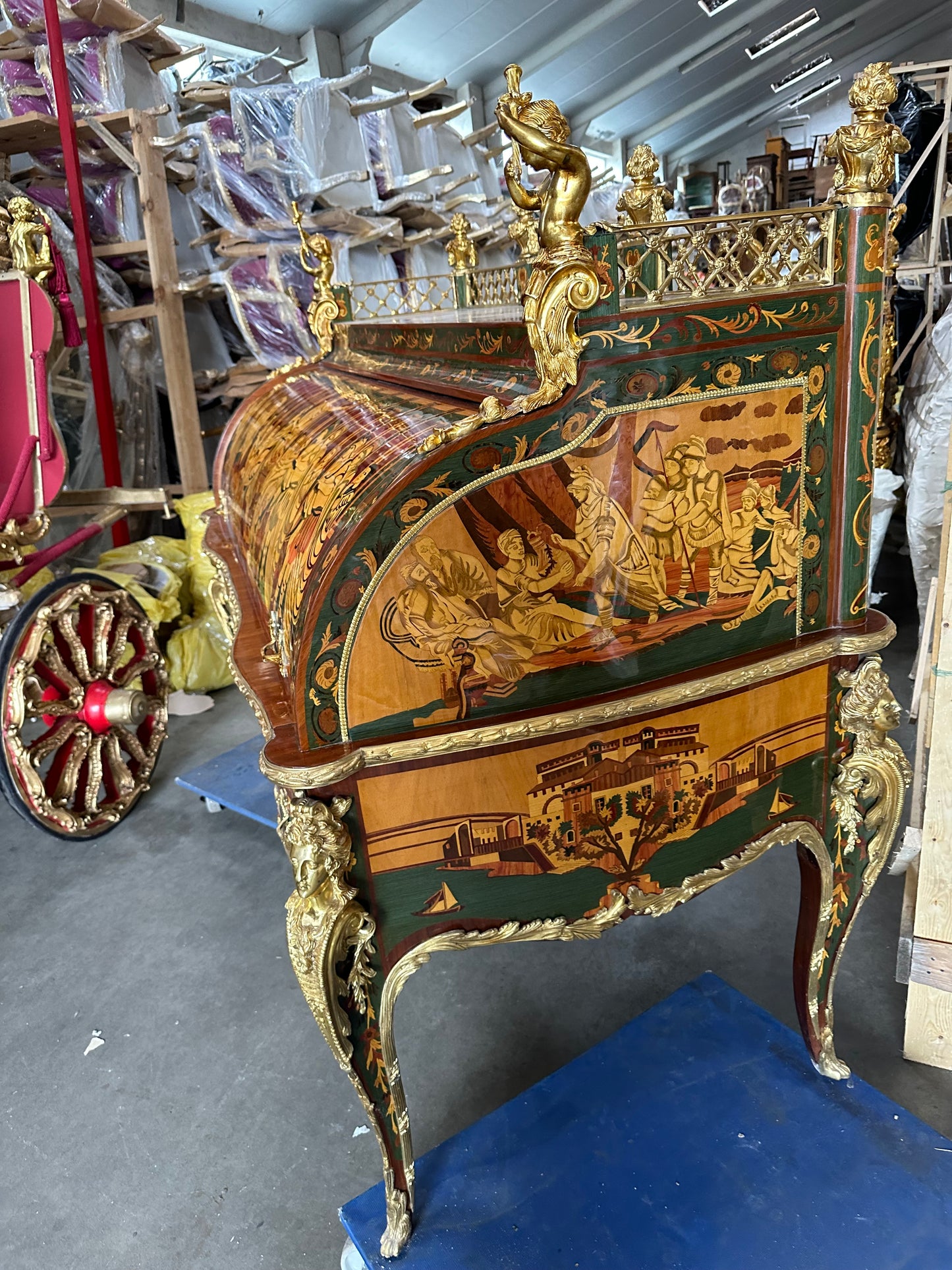 Beautiful, French inlaid bureau desk, with Roman scene