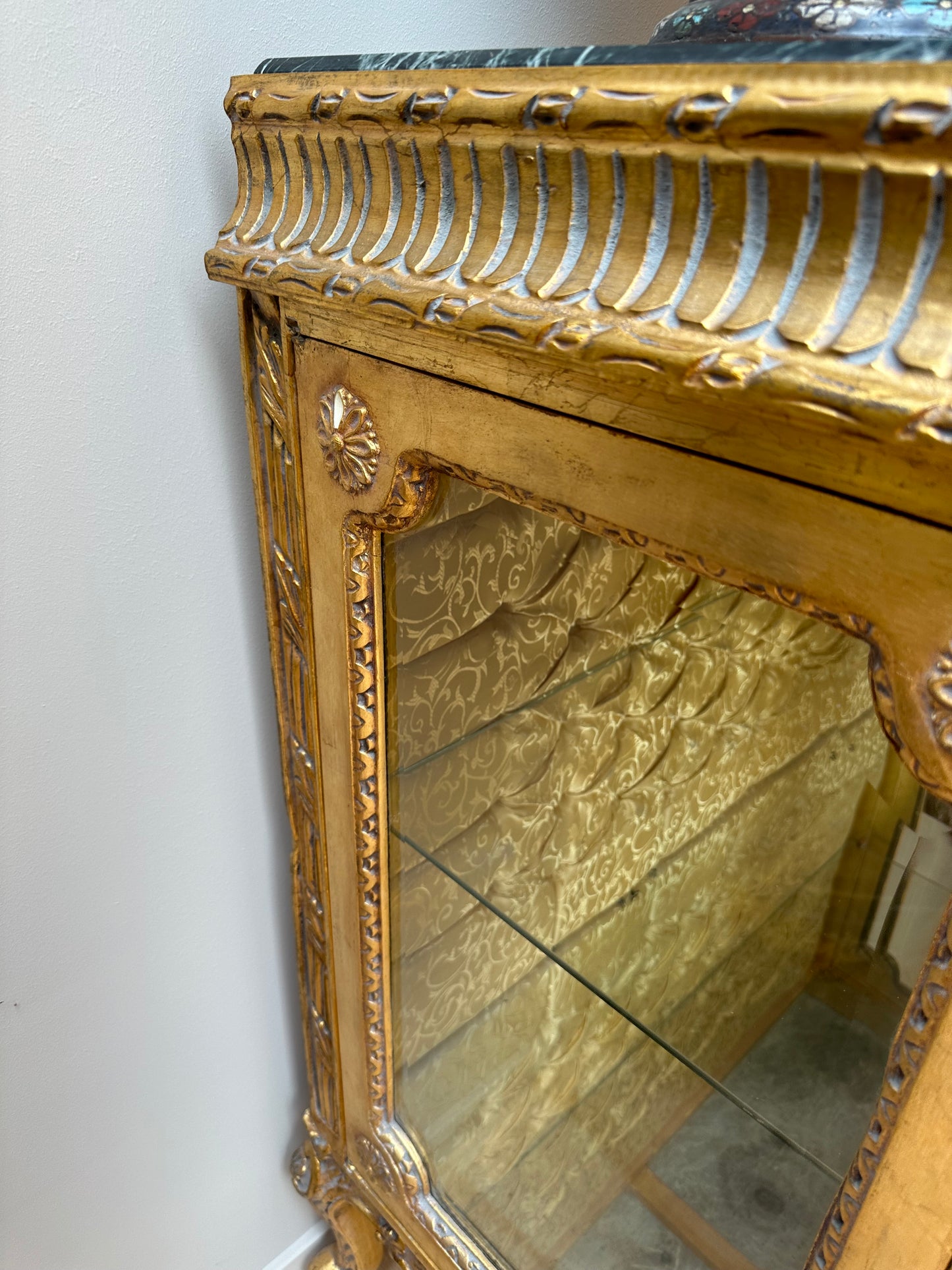 Stunning, gilt wood, marble top, glass cabinet/sideboard