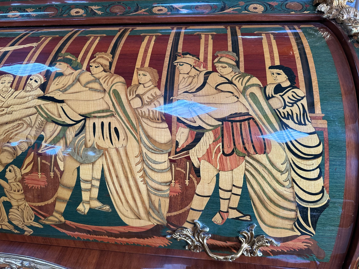 Beautiful, French inlaid bureau desk, with Roman scene