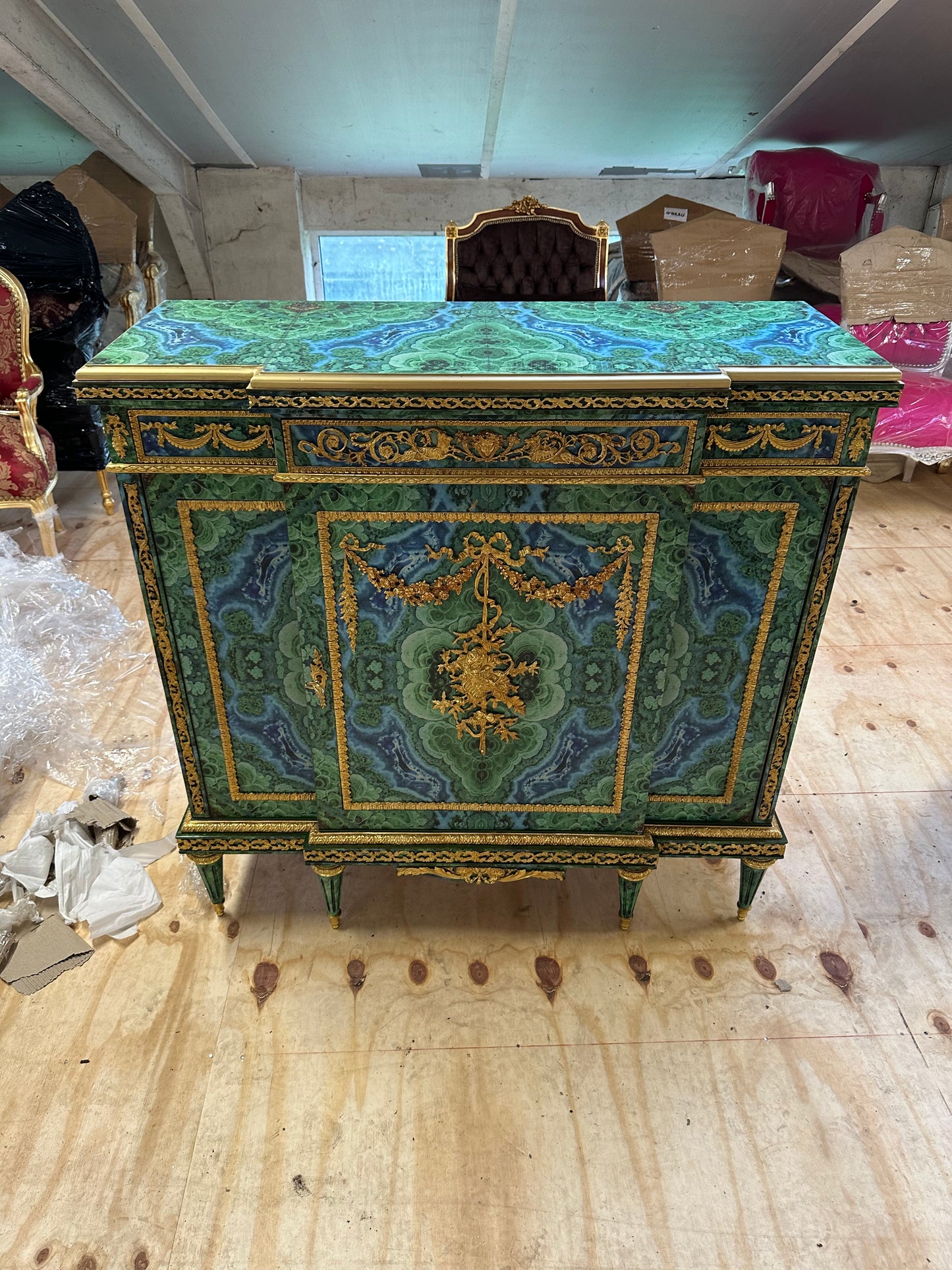 Stunning, French Louis XV, malachite coated pier cupboard