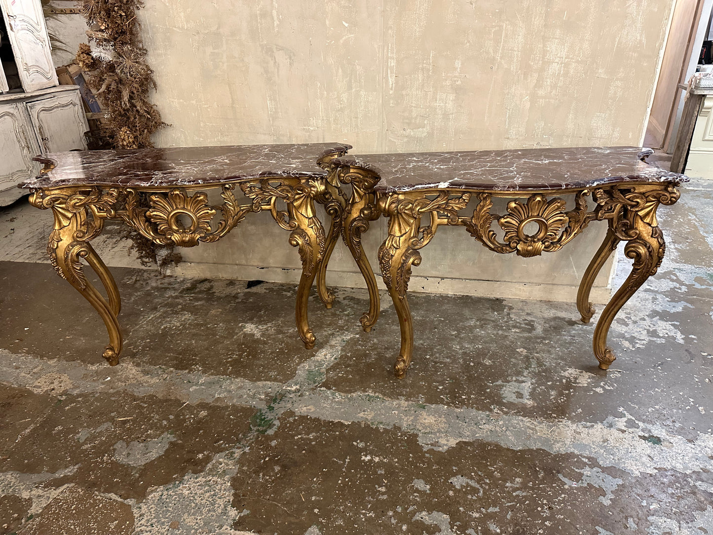 Fantastic antique French gilt wood console table with marble top (pair available)