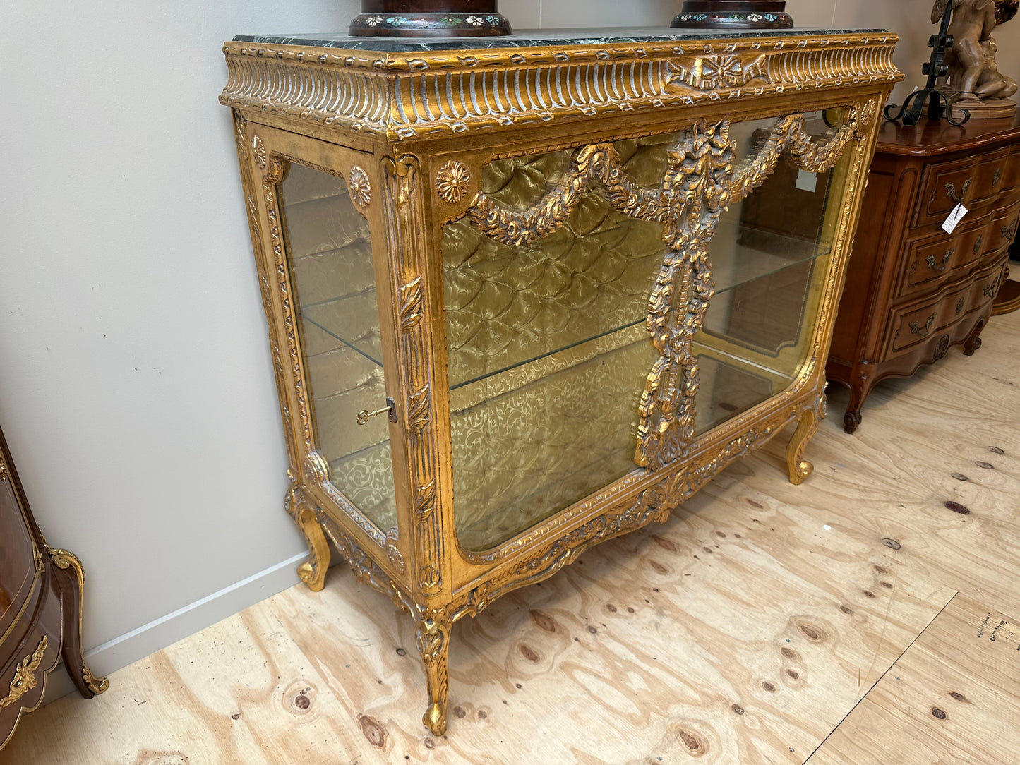 Stunning, gilt wood, marble top, glass cabinet/sideboard