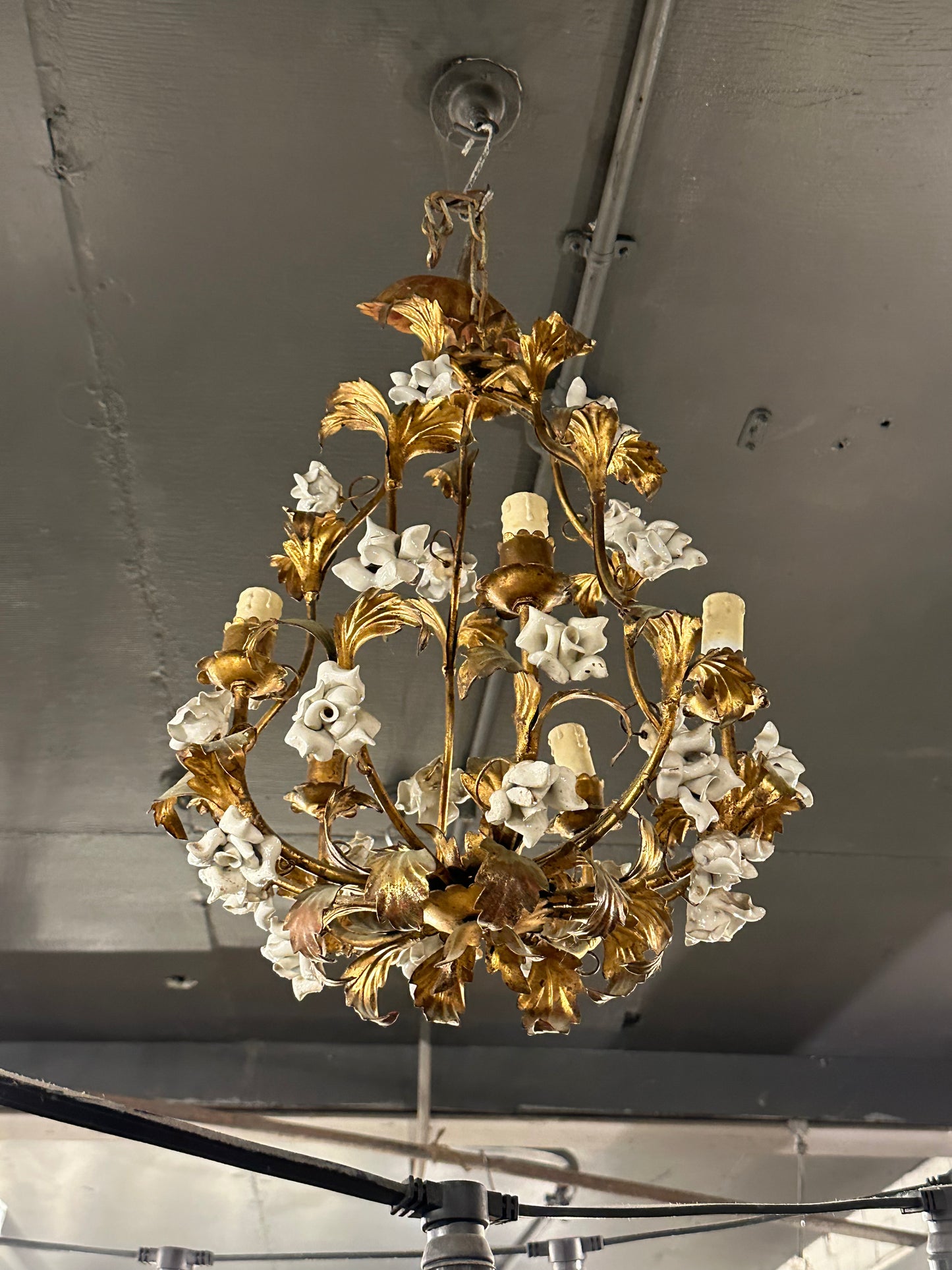 Beautiful French gilt metal chandelier with porcelain flower