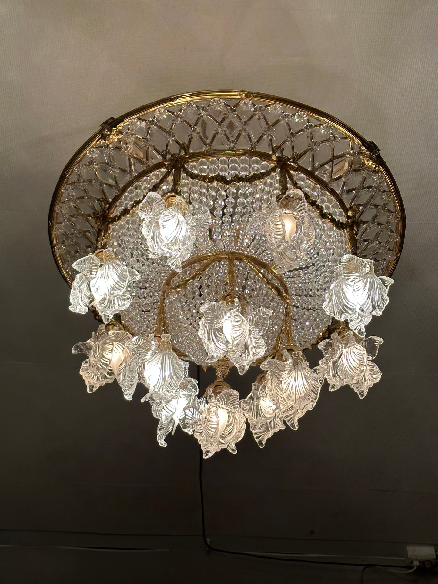 Stunning, bronze and crystal, art deco French chandelier (pair available)