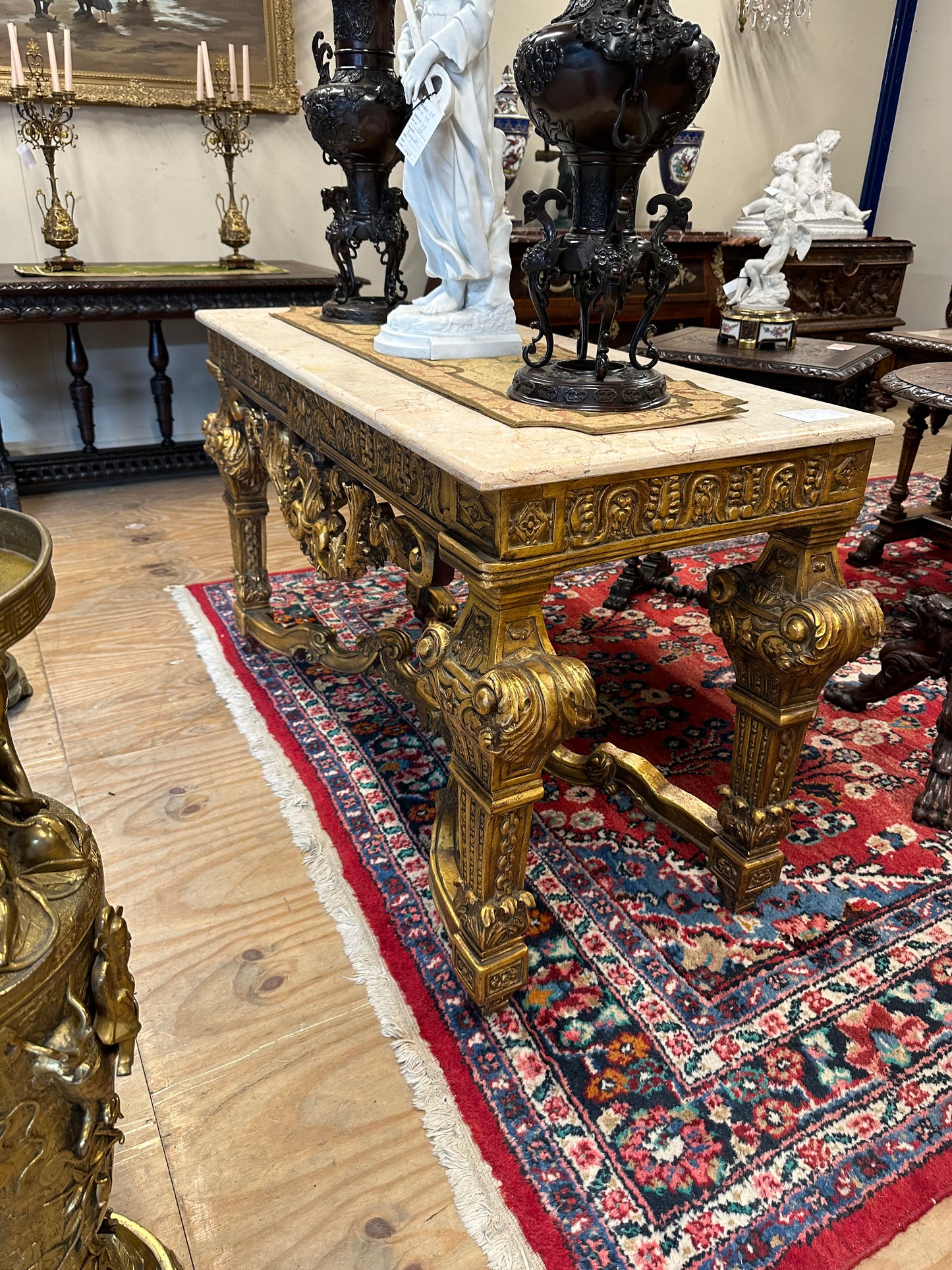 Stunning, French antique, gilt wood marble top, double sided console/centre table