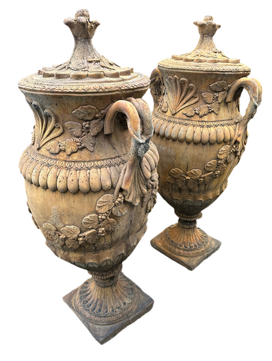 Stunning French pair of matching stone urns, lovely patina and colour