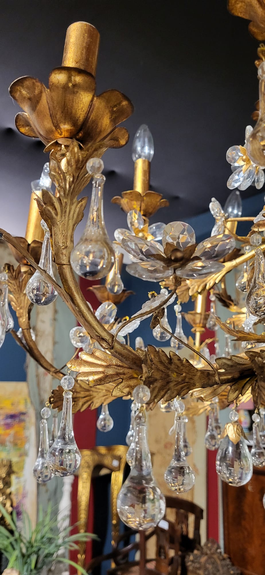 Stunning, Italian, 1930’s gilt metal, Murano crystal chandelier