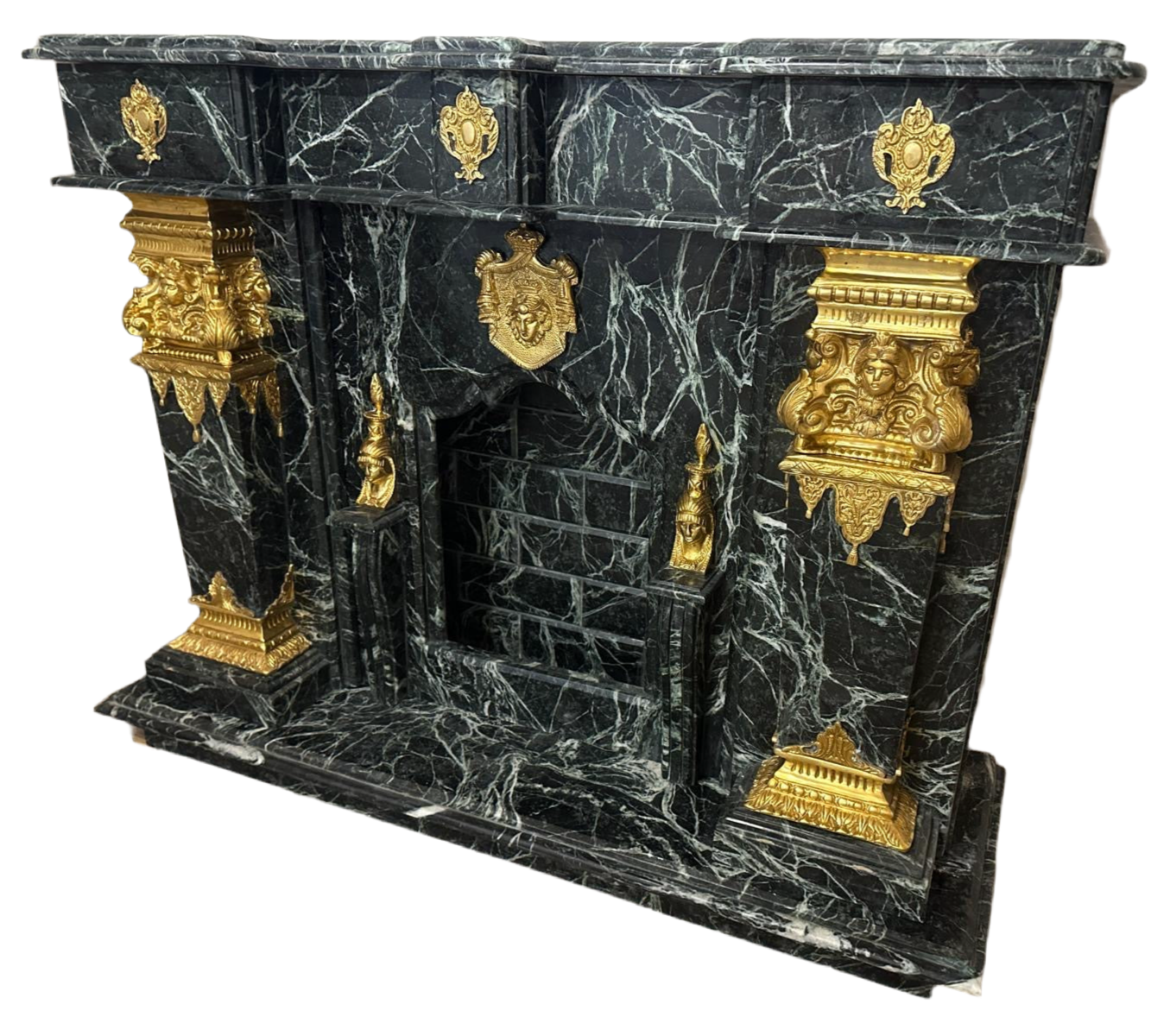 Stunning, French Napoleon black marble fireplace with bronze work