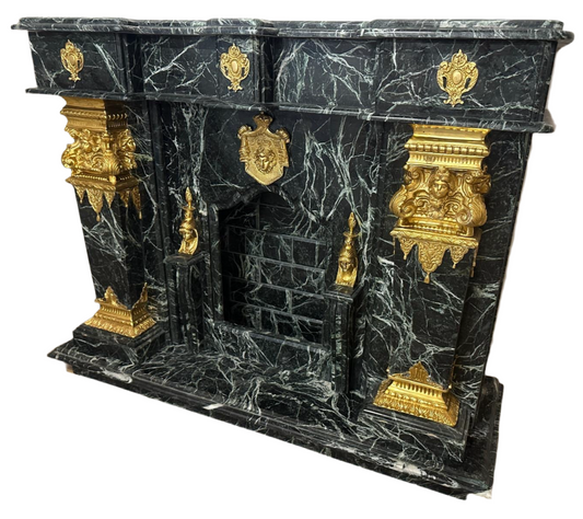Stunning, French Napoleon black marble fireplace with bronze work