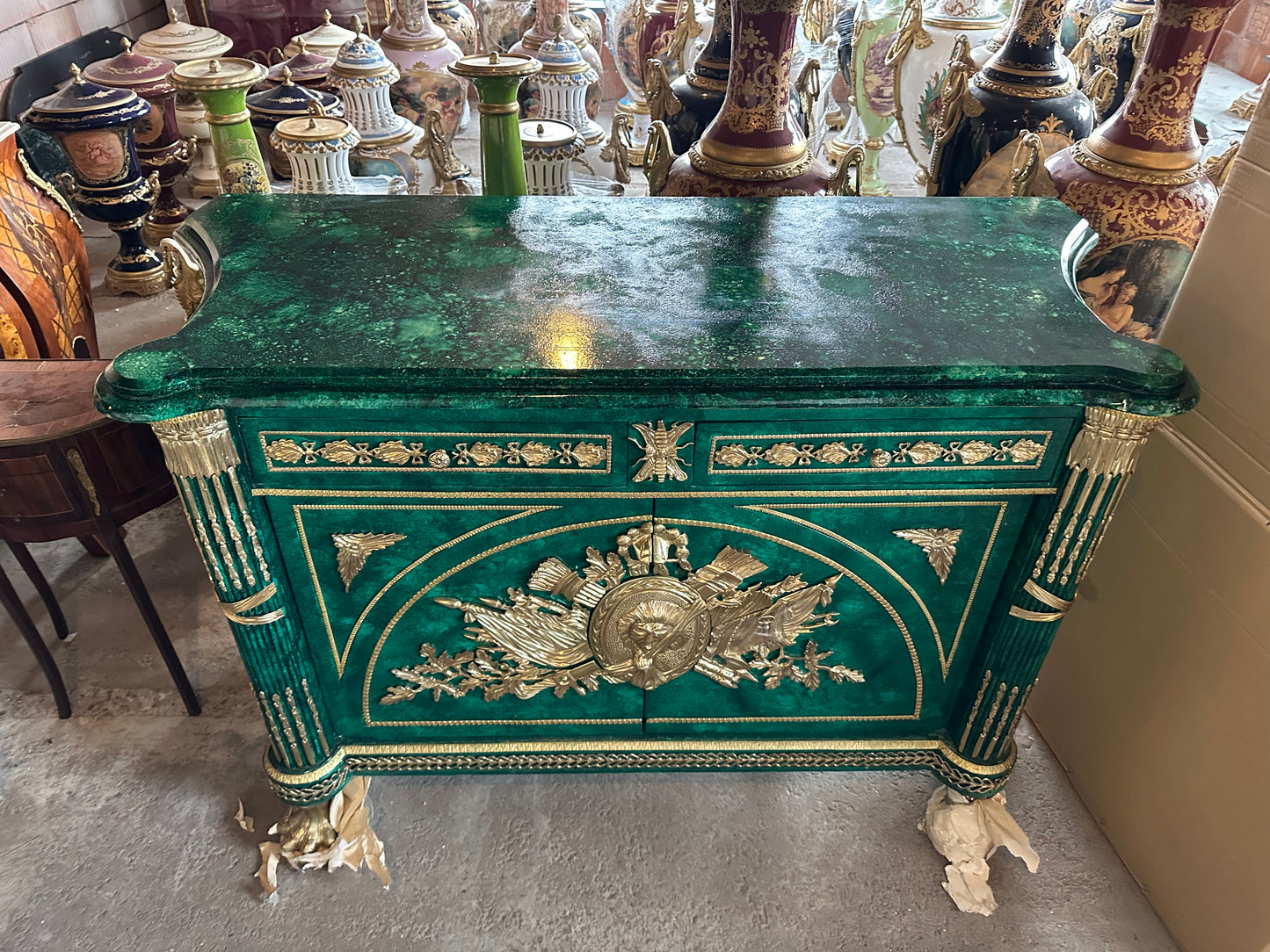 Very rare, green malachite painted marble top French buffet/sideboard (pair available)