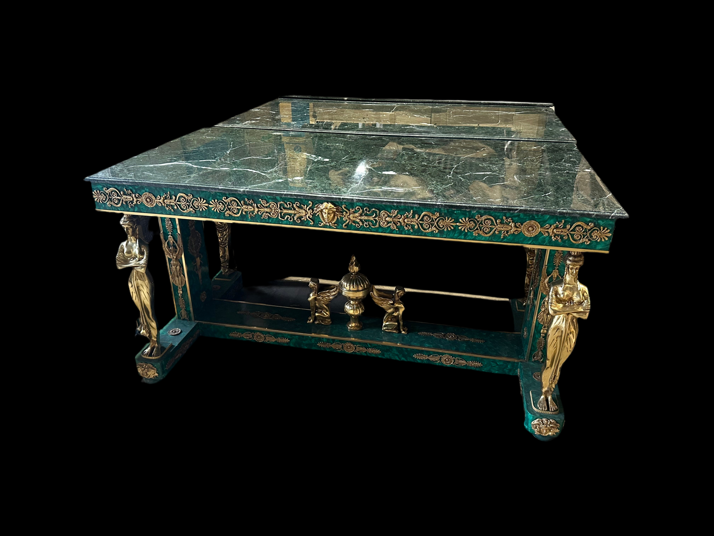 Stunning, malachite marble top, empire double sided console/side table (pair available)