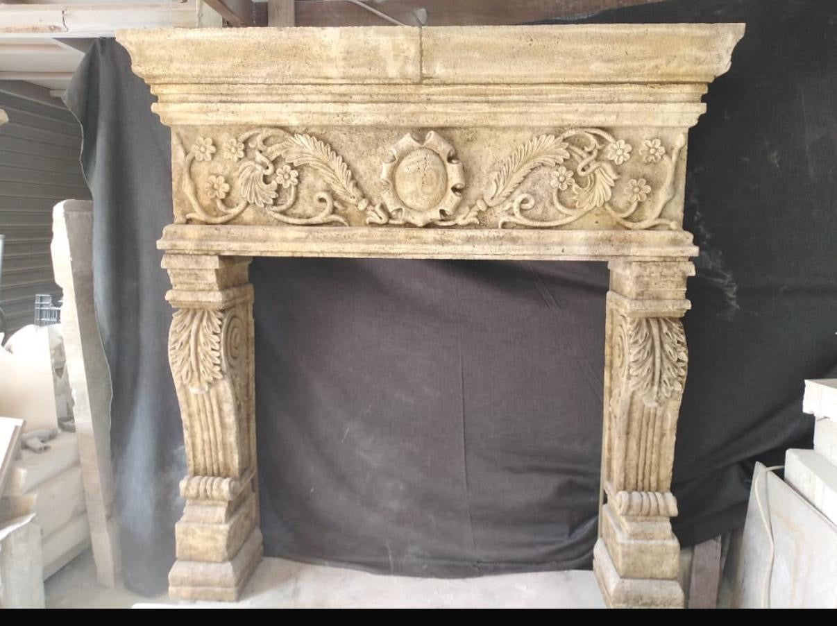 Beautiful antique sand stone Italian fireplace, hand carved