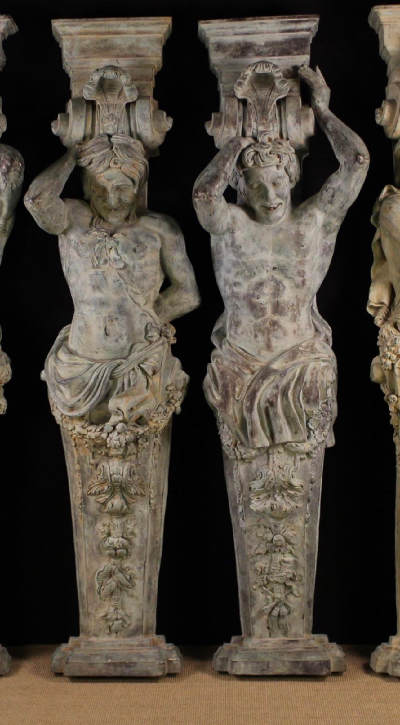 A set of x4, Monumental, 7ft tall, hand made 18thC bronze reclaimed figural pillars