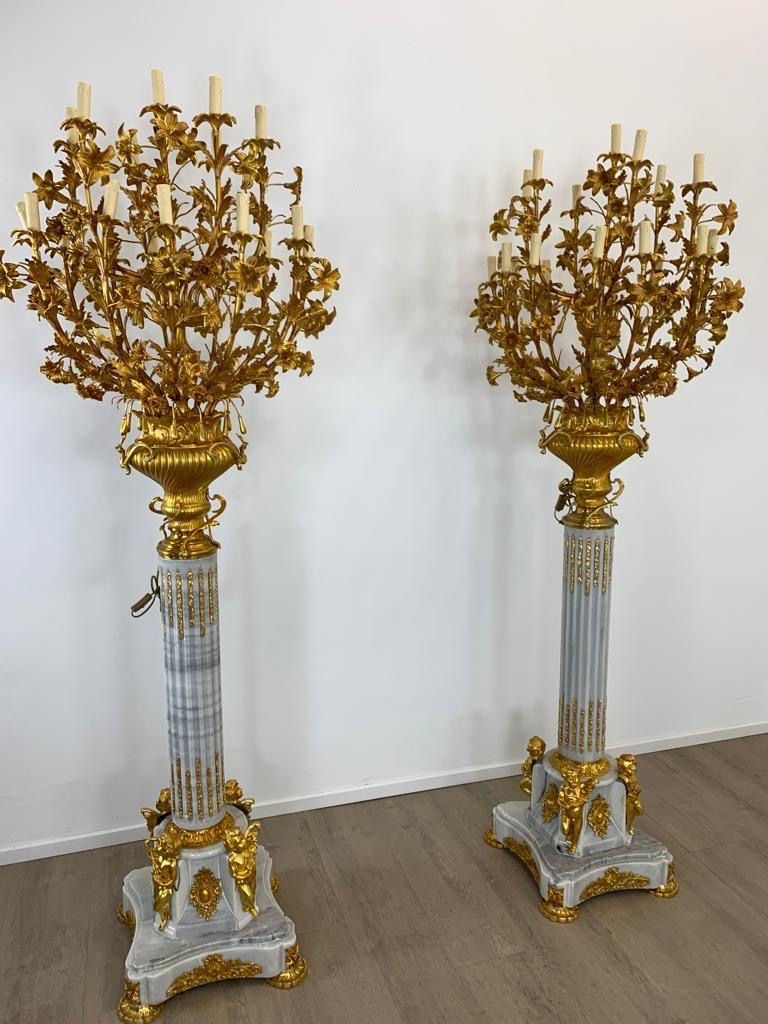 Stunning, matching pair, French marble/bronze standing lamps