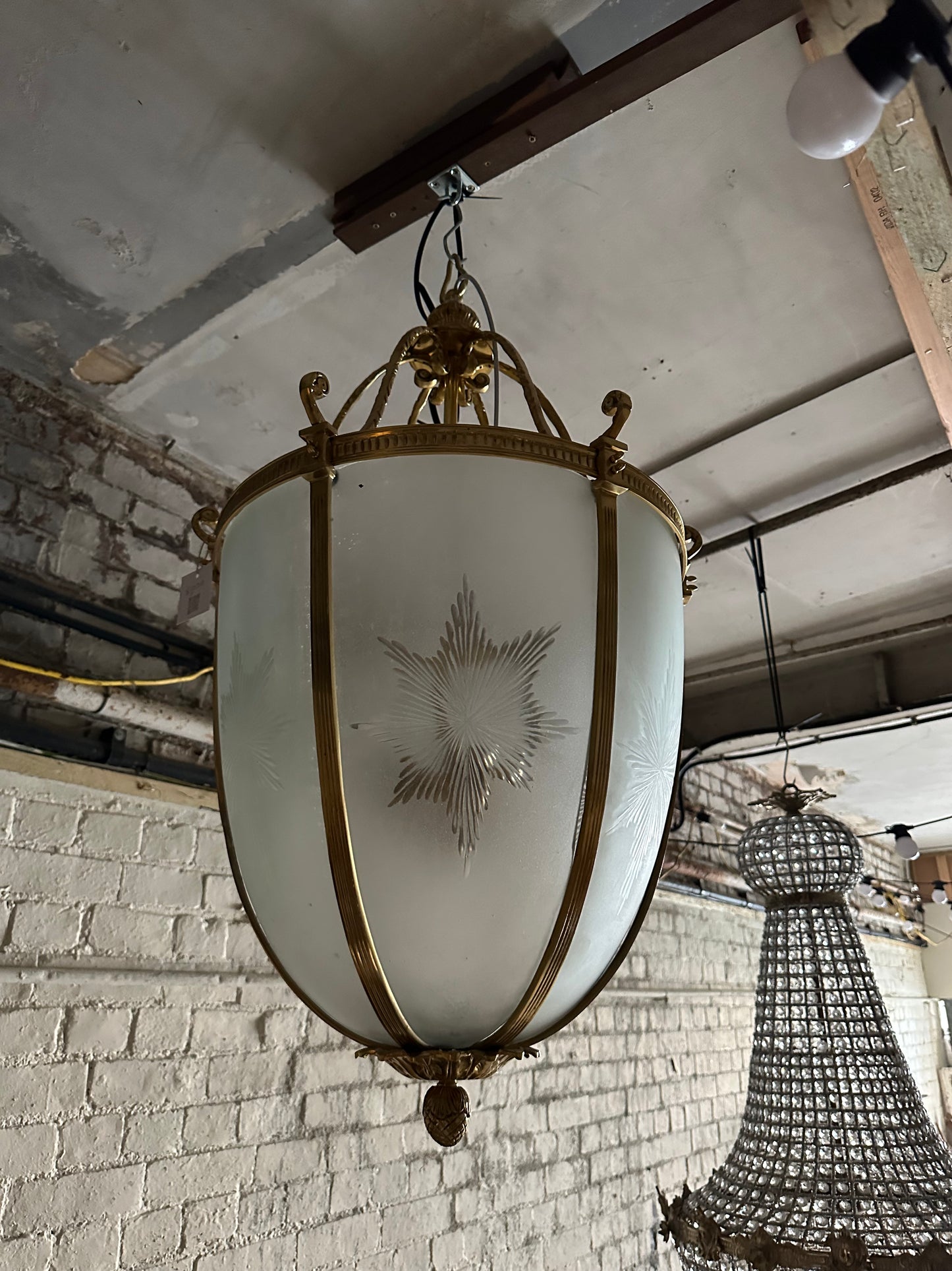 Antique French brass lantern with etched glass (pair available)