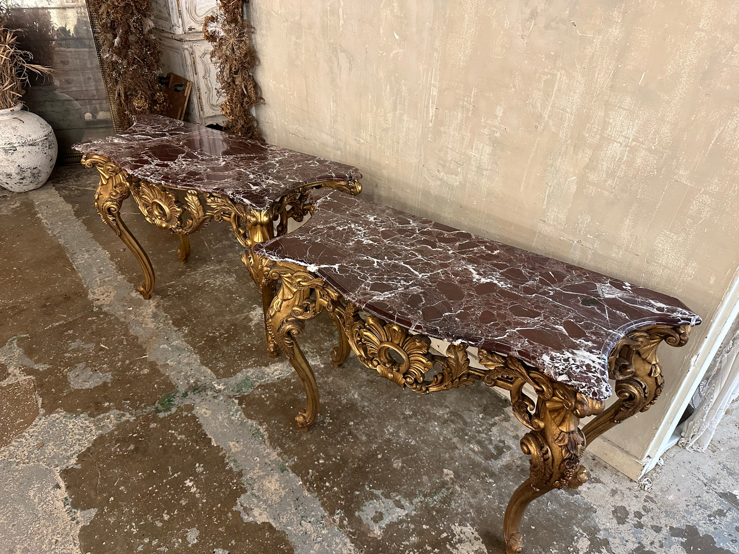 Fantastic antique French gilt wood console table with marble top (pair available)