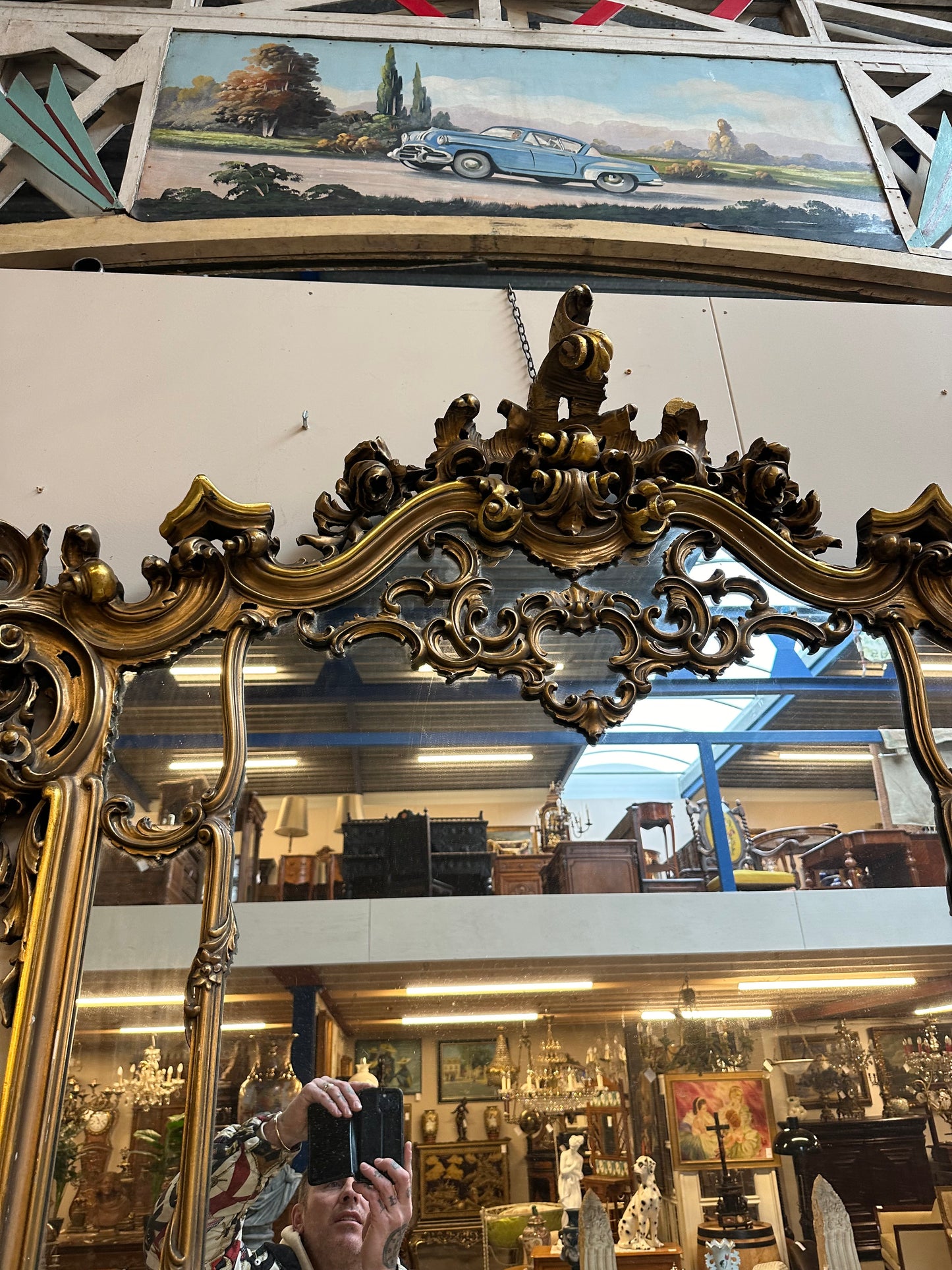 Huge, antique gilt wood, French console table and mirror, marble top