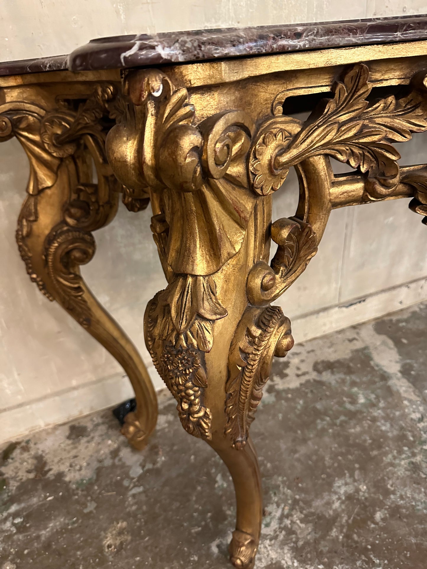 Fantastic antique French gilt wood console table with marble top (pair available)