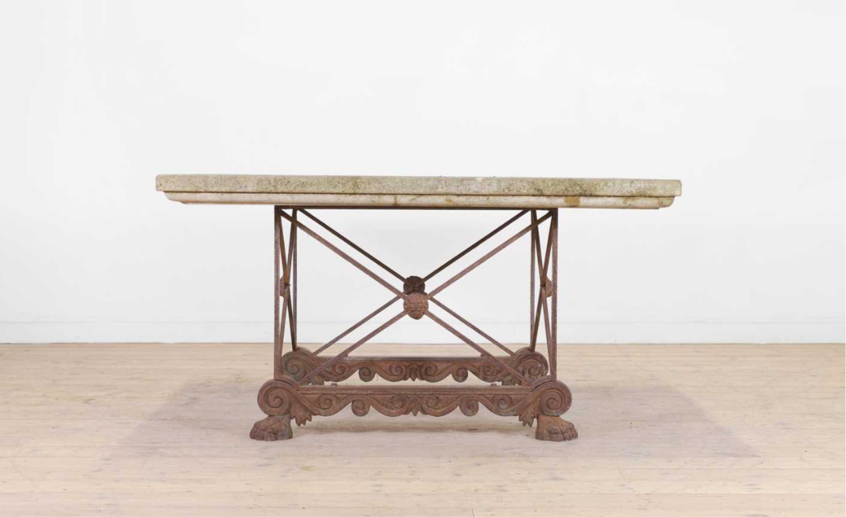 French 19thC empire stone top, iron based, table (140x140x78cm)