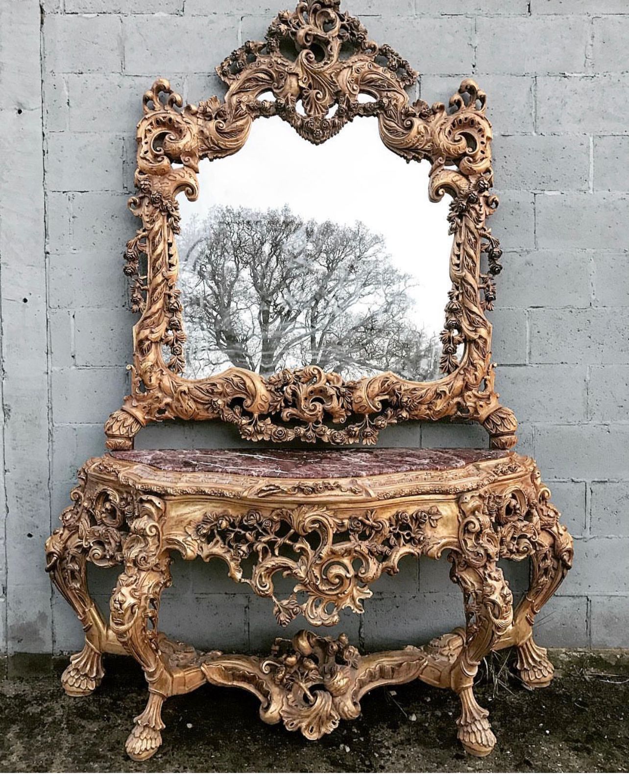 Huge, 2.4m tall, 1.85m wide, French antique carved wood, marble top console table and mirror