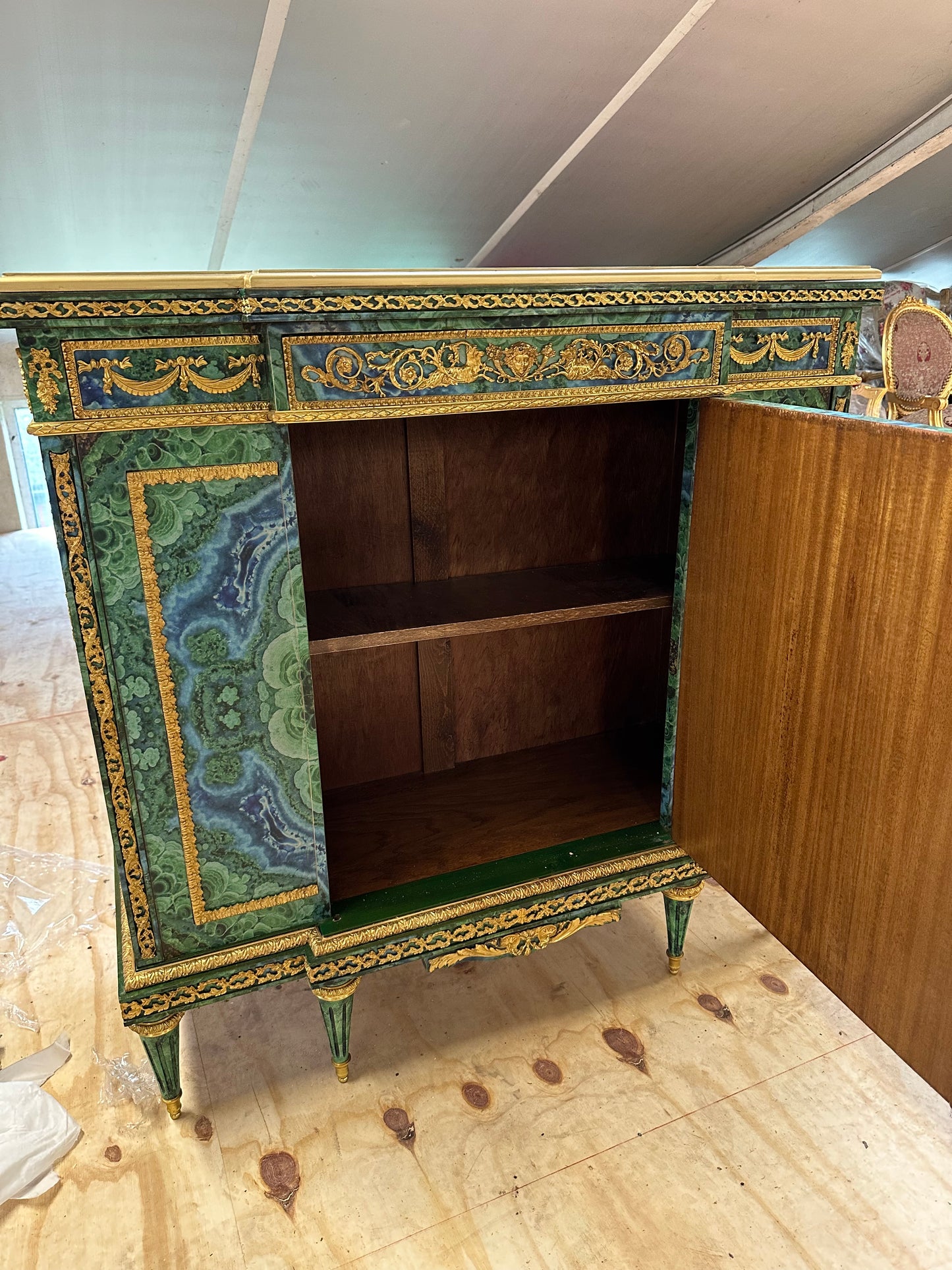 Stunning, French Louis XV, malachite coated pier cupboard