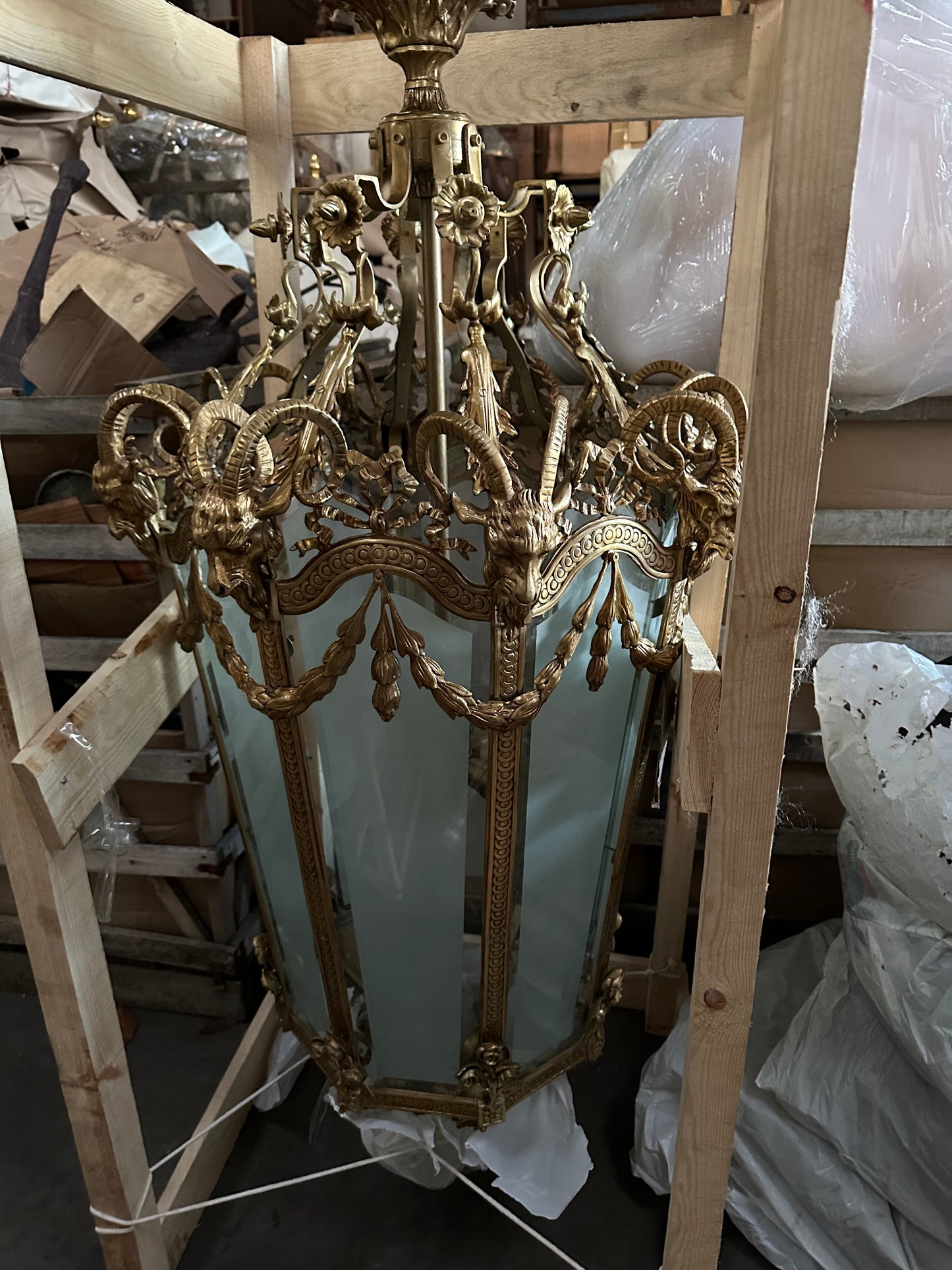 Extremely rare, bronze antique lanterns with gargoyle decorations and etched glass (pair available)