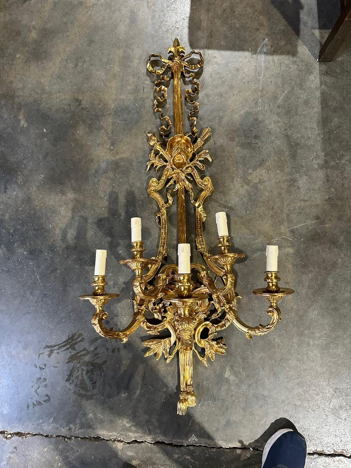 Fantastic matching pair of French antique bronze wall lights (price per light)