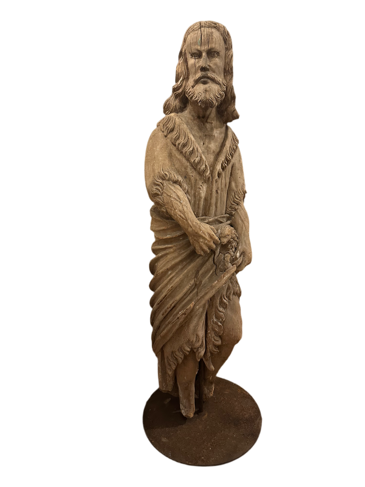 5.5ft tall, reclaimed Italian carved “Jesus” dated 1600’s, mounted on steel base. Extremely rare