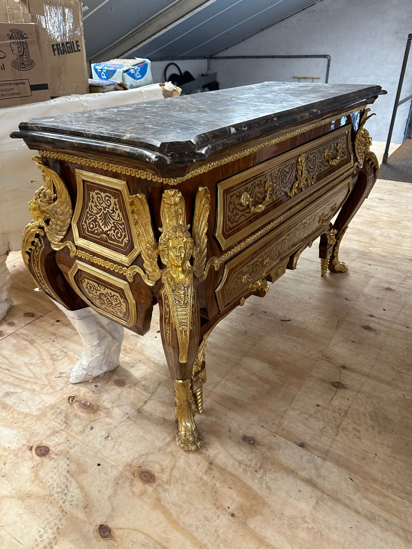 Rare, French baroque, bronze mounted chest of drawers, Linke style (pair available)