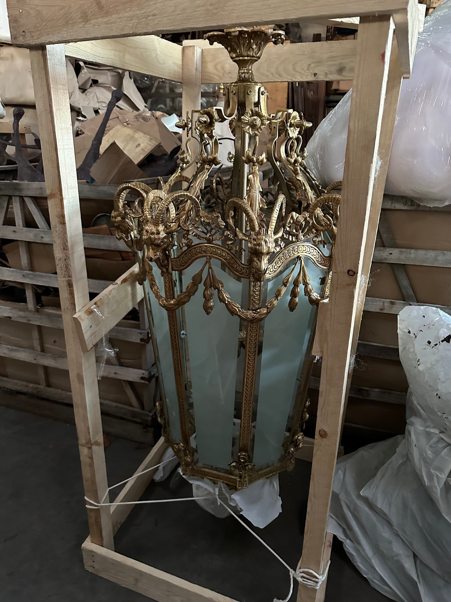 Extremely rare, bronze antique lanterns with gargoyle decorations and etched glass (pair available)