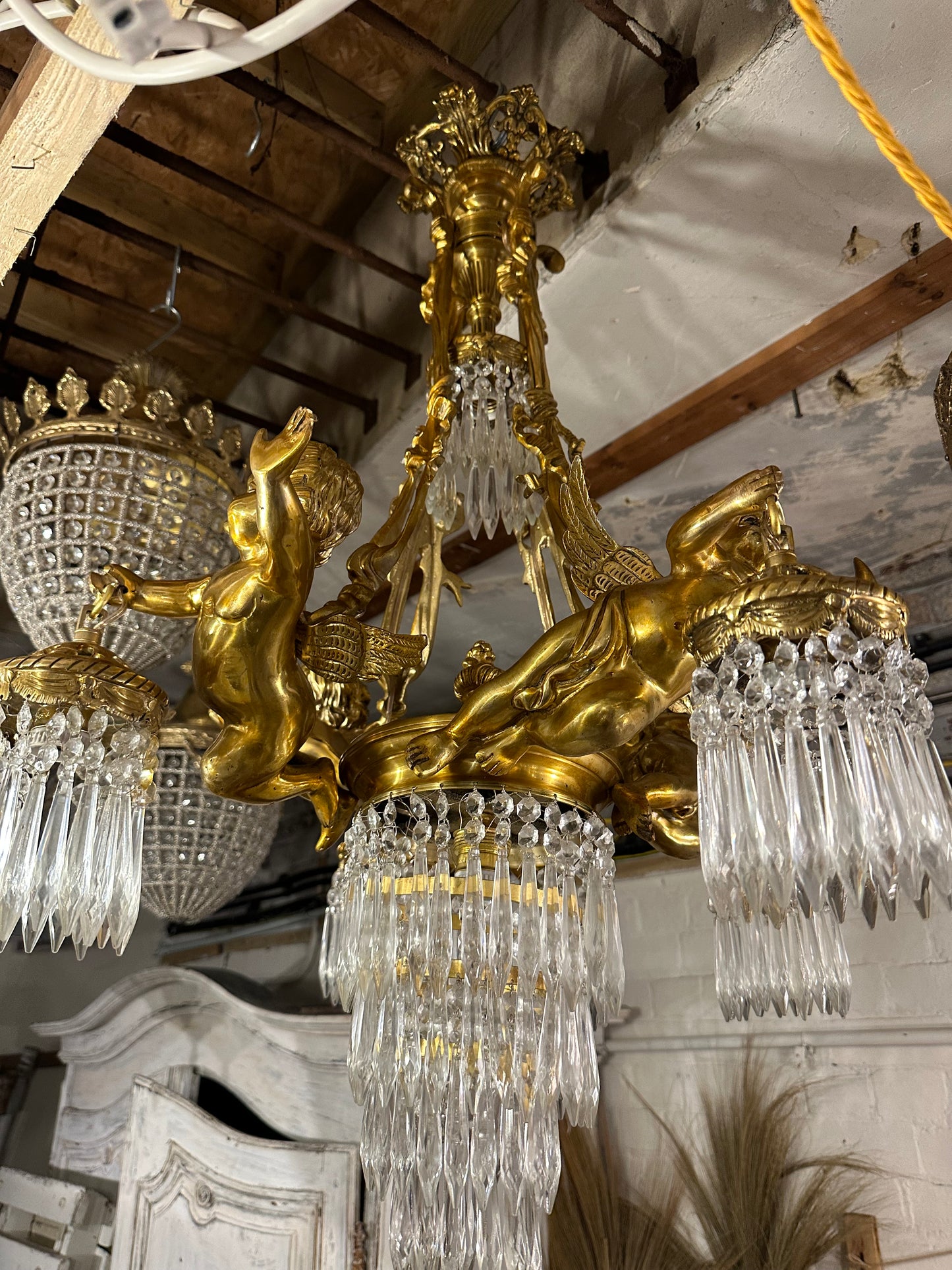 Solid bronze, French 3 tier cherub chandelier, with crystal