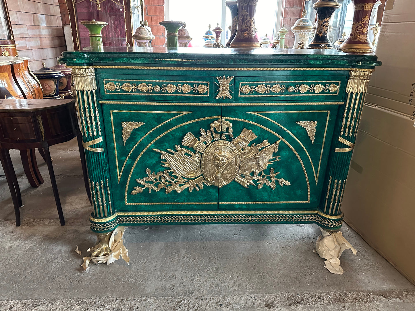 Very rare, green malachite painted marble top French buffet/sideboard (pair available)