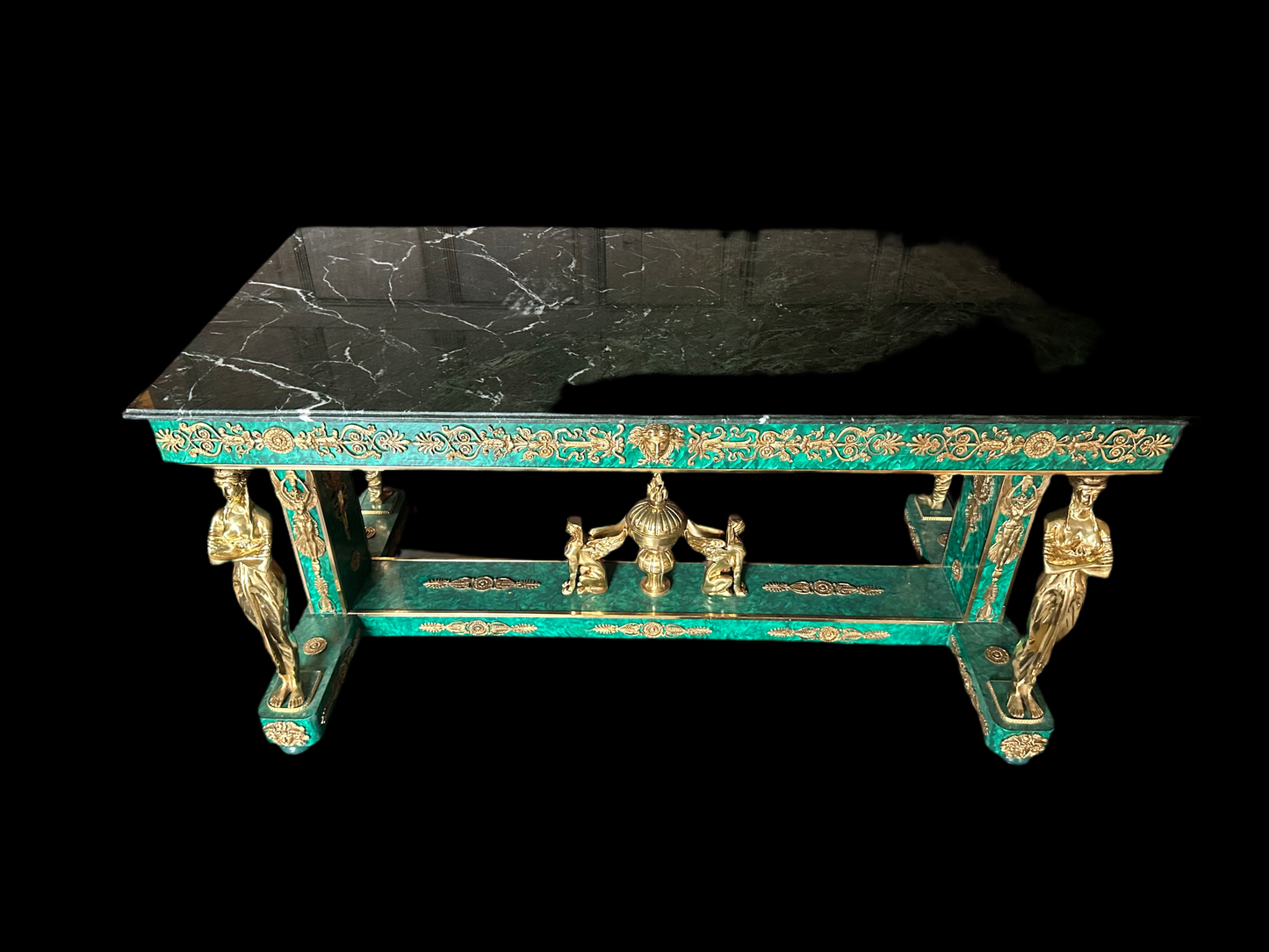 Stunning, malachite marble top, empire double sided console/side table (pair available)