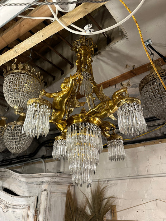 Solid bronze, French 3 tier cherub chandelier, with crystal