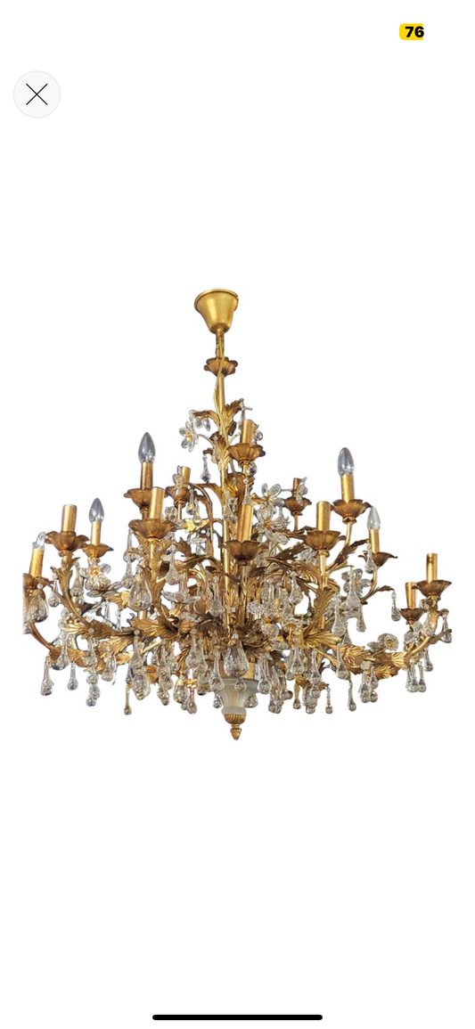 Stunning, Italian, 1930’s gilt metal, Murano crystal chandelier