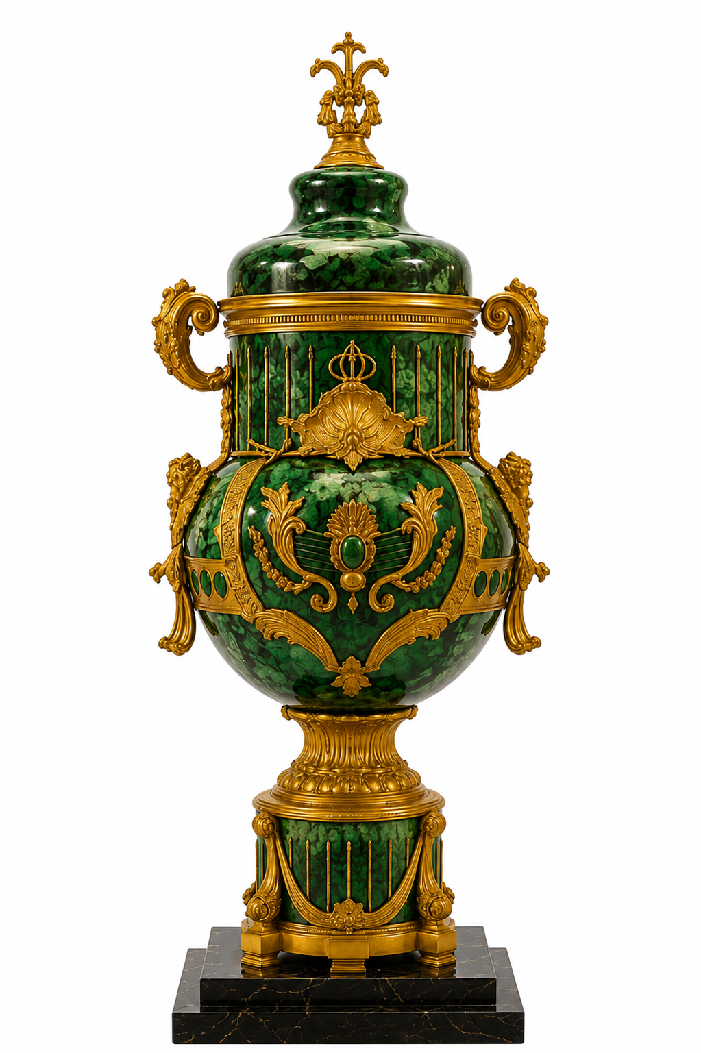 6ft pair of magnificent, marble bronze and malachite urns