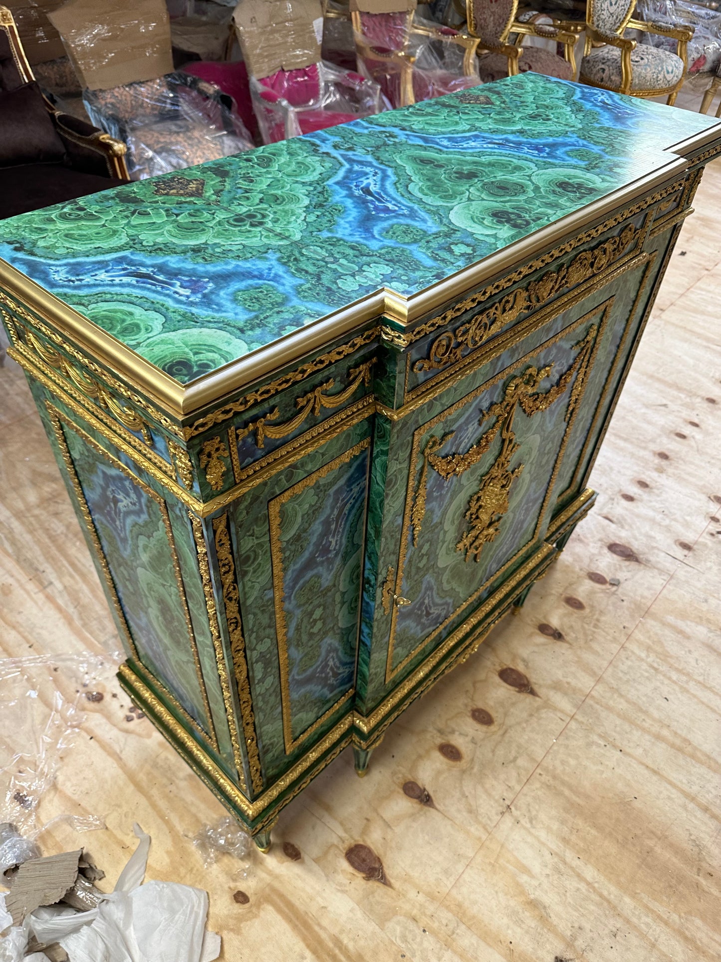 Stunning, French Louis XV, malachite coated pier cupboard