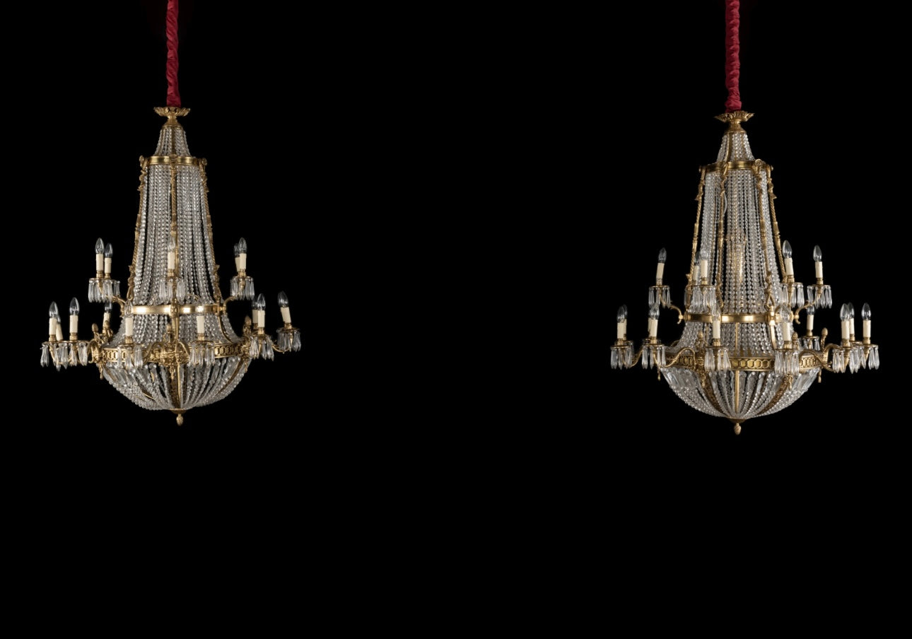 Matching pair of, French empire chandeliers from the set of TV show “THE CROWN” (priced individually)