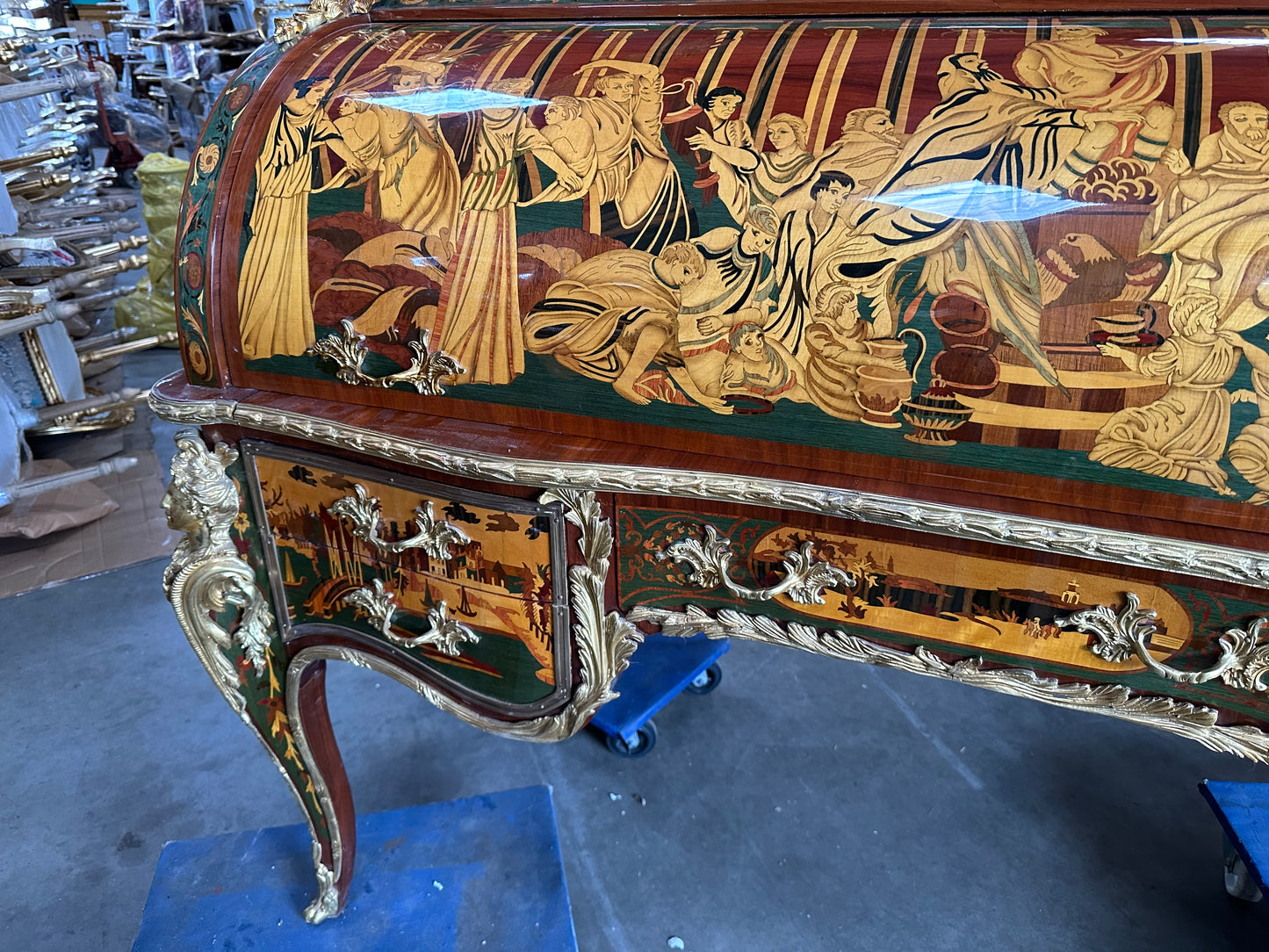 Beautiful, French inlaid bureau desk, with Roman scene